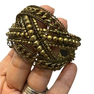 Braided beaded memory wire cuff bracelet Goldtone Made In India